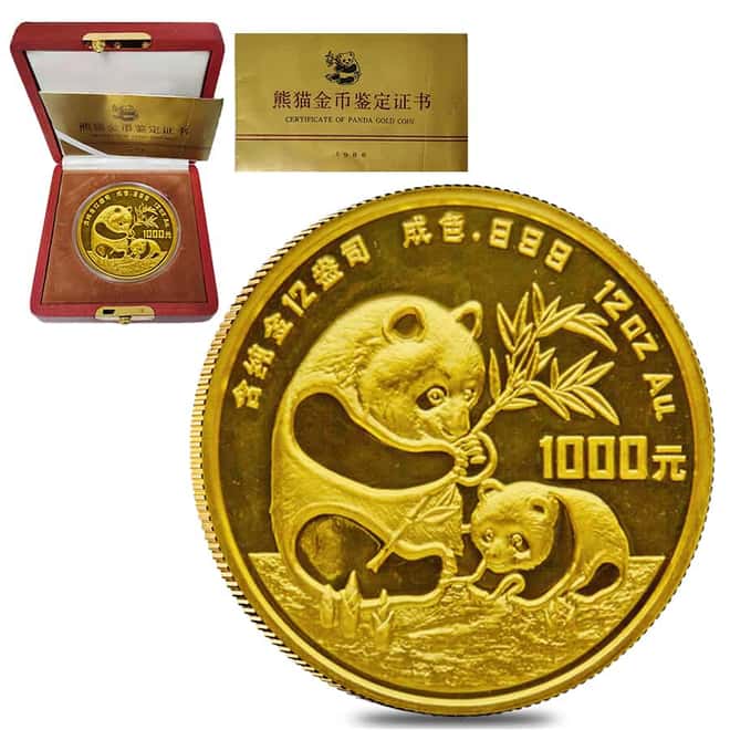 1986 12 oz Chinese Proof Gold Panda 1000 Yuan .999 Fine (w/Box & COA)