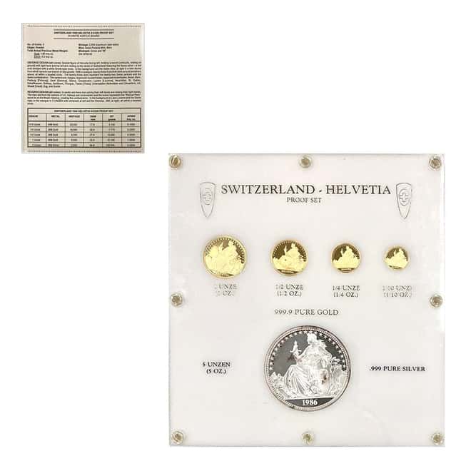 1986 Switzerland 1.85 oz Helvetia Eternal Pact Gold/Silver 5-Coin Set