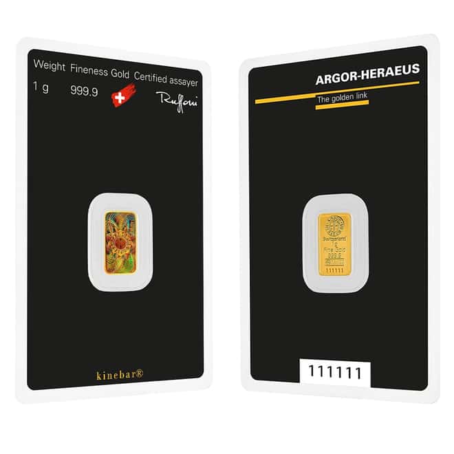 1 Gram Argor Heraeus Kinebar Gold Bar .9999 Fine (in Assay)