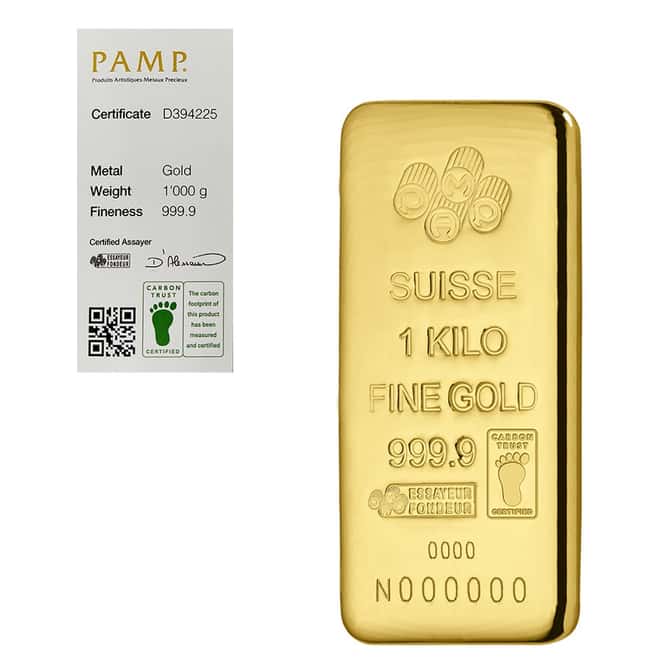 1 Kilo Gold Bar PAMP Suisse .9999 Fine (Cast, w/Assay)