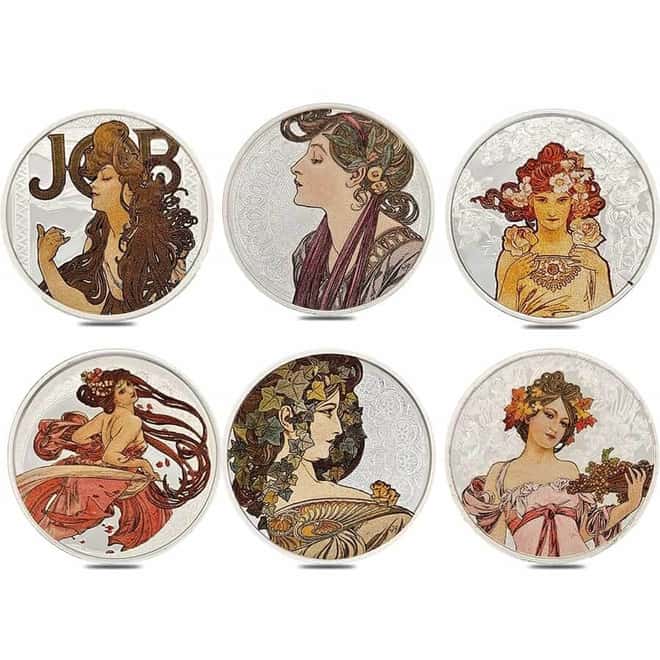 1 oz Alphonse Mucha Colorized Silver 6-Round Set .999 Fine