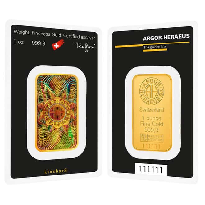 1 oz Gold Bar - Argor-Heraeus .9999 Fine KineBar Design (in Assay)