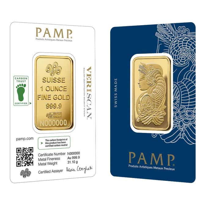 1 oz Gold Bar PAMP Suisse Lady Fortuna Veriscan Carbon Neutral (in Assay)