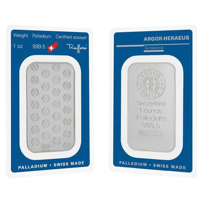 1 oz Palladium Bar - Argor-Heraeus .9995 Fine (In Assay)