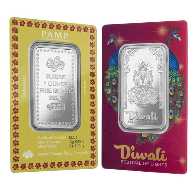 1 oz PAMP Suisse Diwali Lakshmi & Peacocks Silver Bar .999 Fine (in Assay)