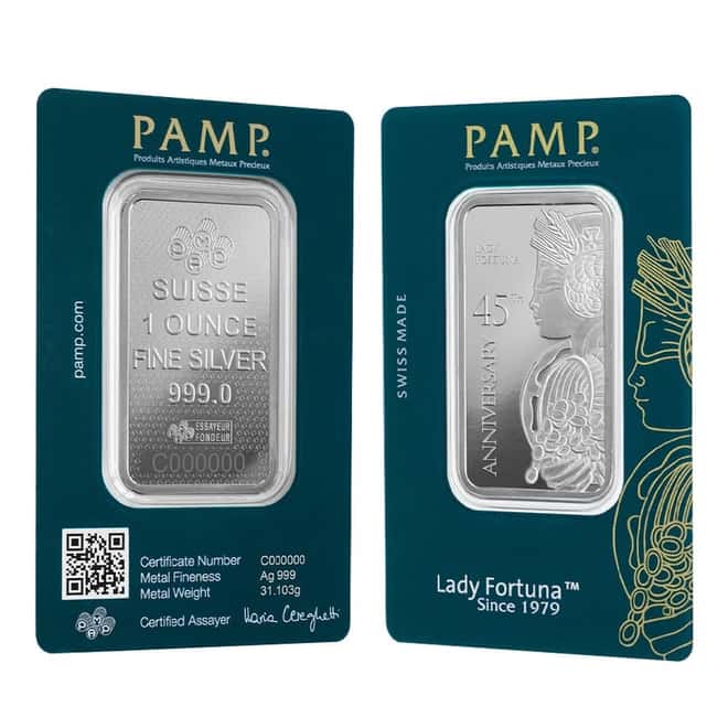1 oz Silver Bar PAMP Suisse Lady Fortuna 45th Ann (in Assay)