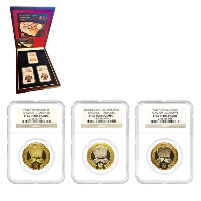 2008 GB UK Olympics Handover Gold/Silver 3-Coin Set NGC PF 69