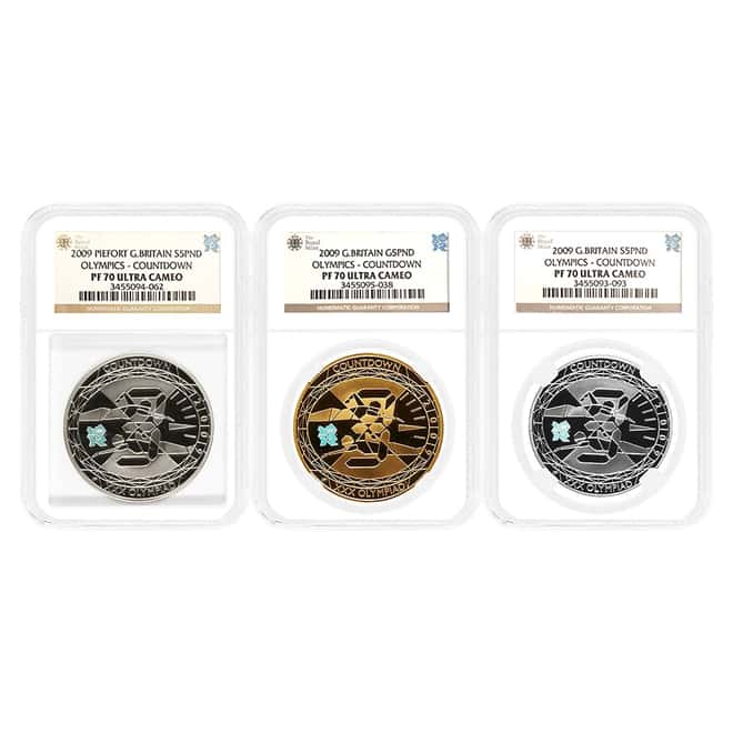 2009 GB 2012 London Olympics Countdown Gold/Silver 3-Coin Set NGC PF 70