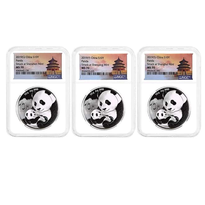 2019 China 30 gram Silver Panda 3-Coin Set NGC MS 70
