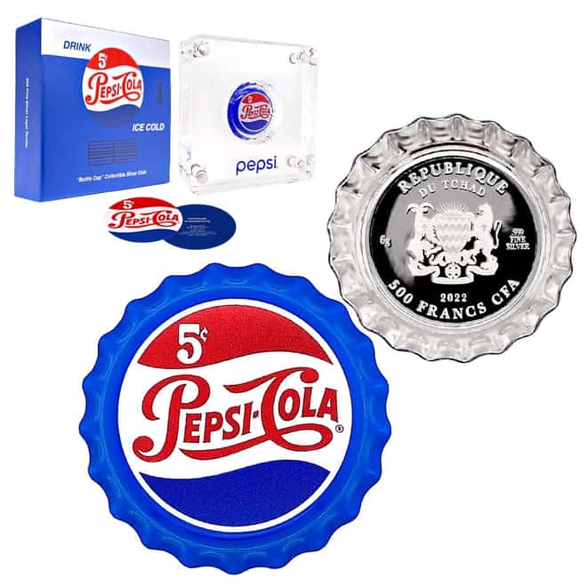 2022 Chad 6 Gram Pepsi-Cola Retro Bottle Cap Proof Silver Coin .999 Fine (w/Box & COA)
