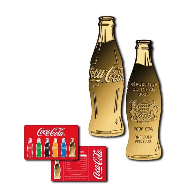 2023 1/1000 oz Chad Coca-Cola Bottle Shaped Gold Coin (in Assay)