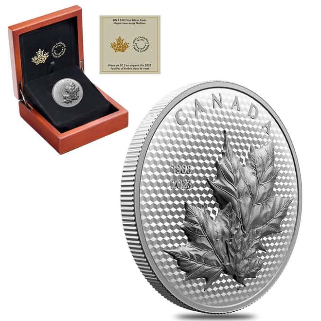 2023 Canada 5 oz Maple Leaves in Motion Silver Coin .9999 Fine (w/Box & COA)
