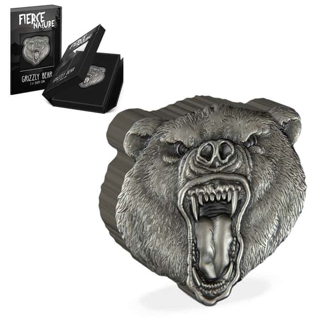 2023 Niue 2 oz Fierce Nature Grizzly Bear Shaped Silver Coin
