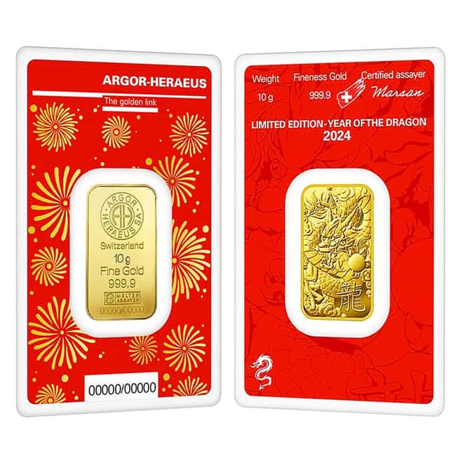2024 10 gram Argor Heraeus Lunar Dragon Gold Bar (In Assay)