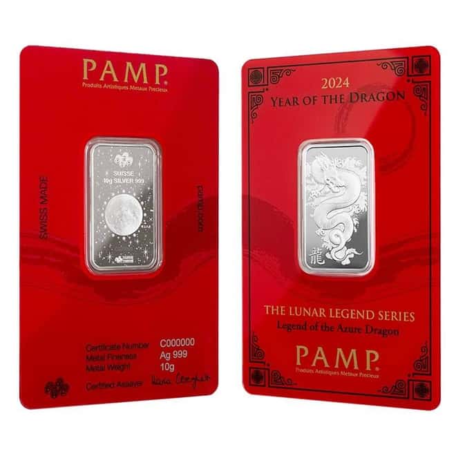 2024 10 Gram PAMP Suisse Lunar Dragon Silver Bar (in Assay)