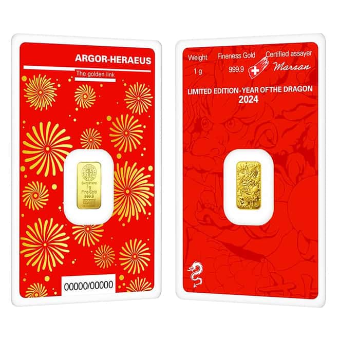2024 1 gram Argor Heraeus Lunar Dragon Gold Bar (In Assay)