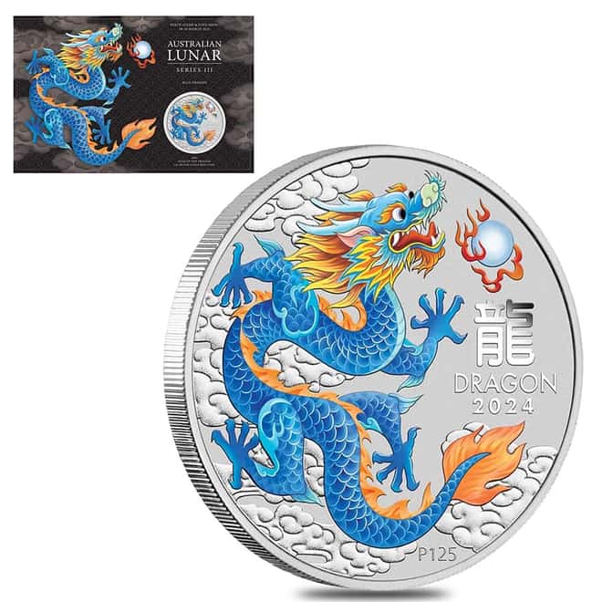 2024 1 oz Colorized Silver Lunar Blue Dragon Coin Perth Mint Show