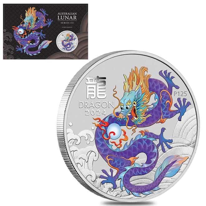 2024 1 oz Colorized Silver Lunar Purple Dragon Coin Perth Mint
