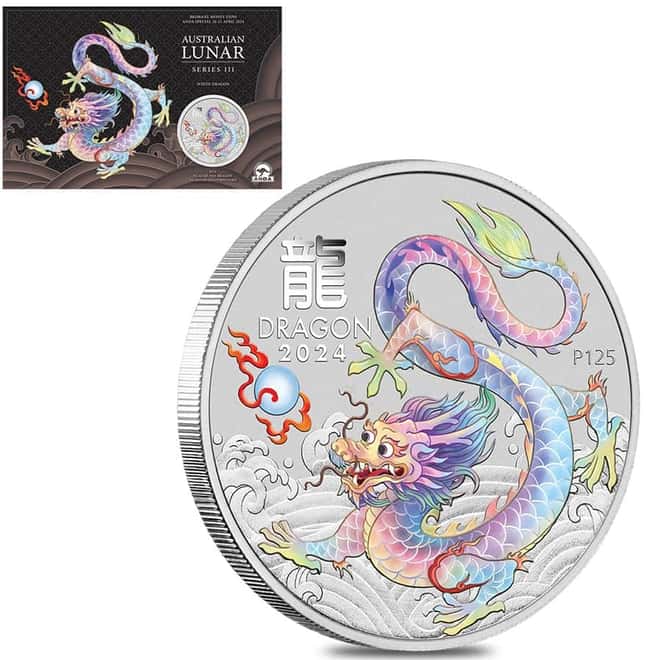 2024 1 oz Colorized Silver Lunar White Dragon Coin Perth Mint Show