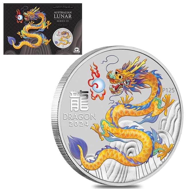 2024 1 oz Colorized Silver Lunar Yellow Dragon Coin Perth Mint ANDA Expo