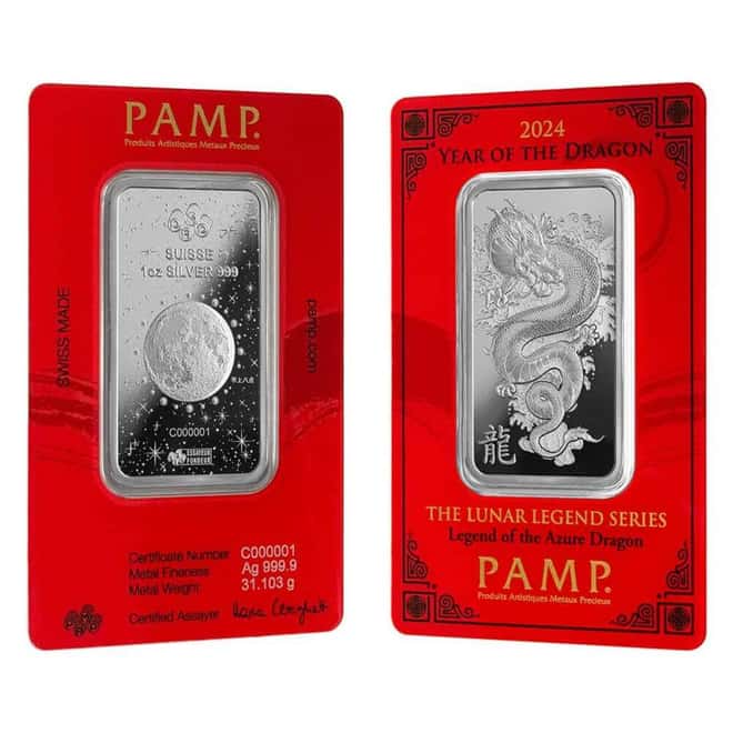 2024 1 oz PAMP Suisse Lunar Dragon Silver Bar (in Assay)