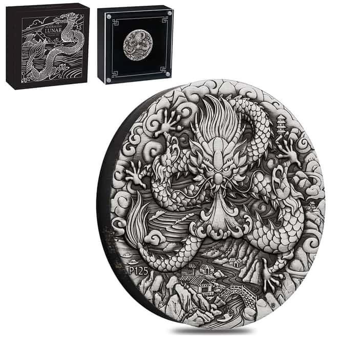 2024 2 oz Antiqued Silver Lunar Dragon Australian Perth Mint
