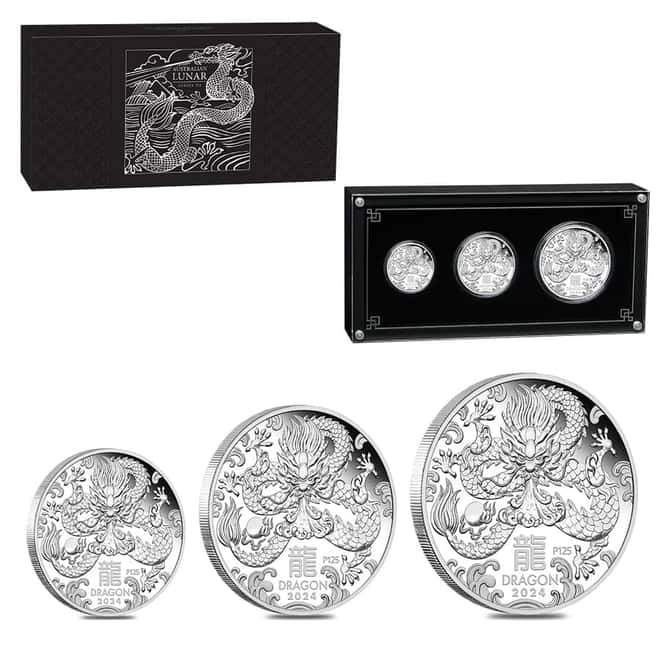 2024 3.5 oz Proof Silver Lunar Dragon 3-Coin Set Perth Mint