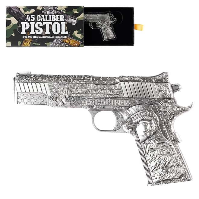 2024 Chad 2 oz Silver .45 Caliber Pistol Handgun Antiqued Shaped Coin .999 Fine