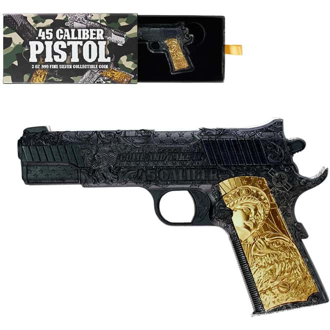 2024 Chad 2 oz Silver .45 Caliber Pistol Handgun Black & Gold Shaped Coin .999 Fine