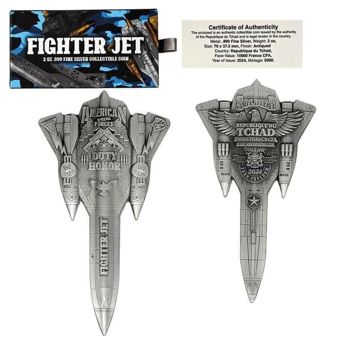 2024 Chad 2 oz Silver Fighter Jet Antiqued Shaped Coin .999 Fine