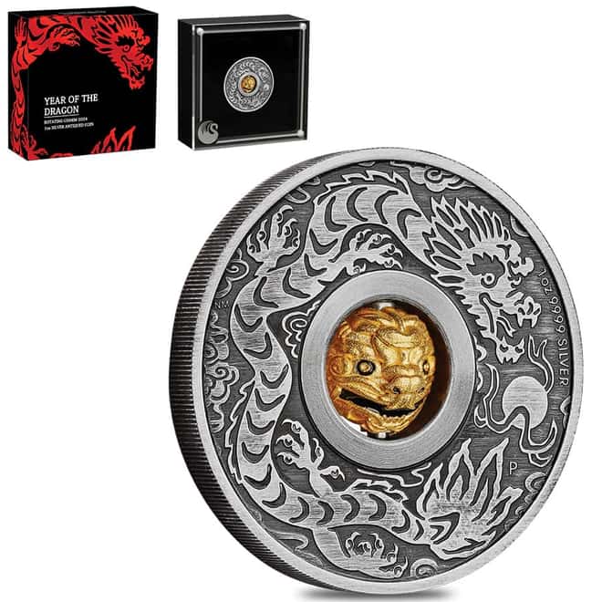 2024 Tuvalu 1 oz Antiqued Silver Lunar Dragon Rotating Charm Coin