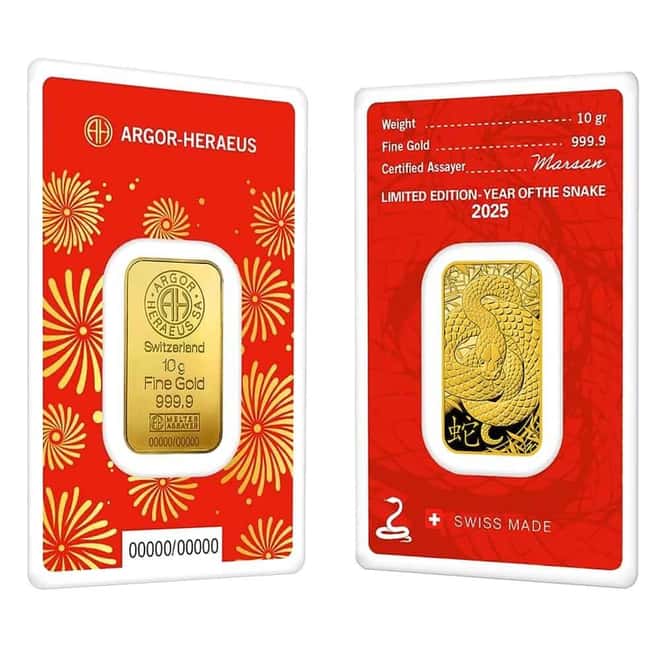 2025 10 Gram Argor Heraeus Lunar Snake Gold Bar (in Assay)