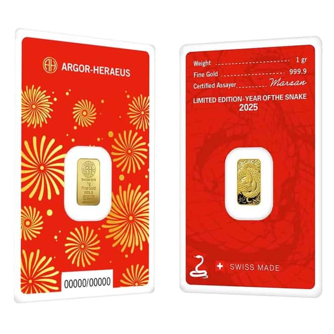 2025 1 Gram Argor Heraeus Lunar Snake Gold Bar (in Assay)