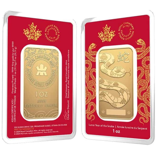 2025 1 oz Royal Canadian Mint RCM Lunar Snake Gold Bar .9999 Fine (in Assay)