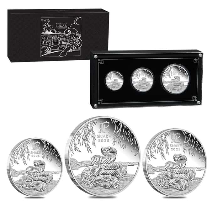 2025 3.5 oz Proof Silver Lunar Snake 3-Coin Set Australian Perth Mint