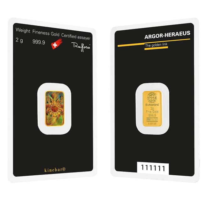 2 Gram Argor Heraeus Kinebar Gold Bar .9999 Fine (in Assay)
