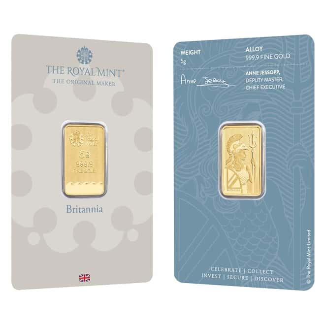 5 gram Britannia Gold Bar .9999 Fine (In Assay)