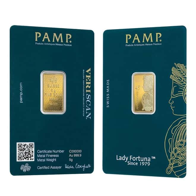 5 Gram Gold Bar PAMP Suisse Lady Fortuna 45th Ann (in Assay)