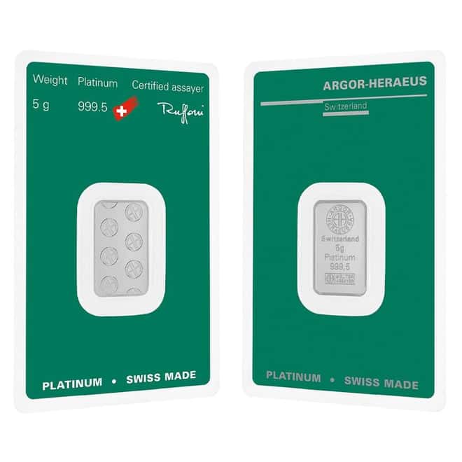 5 Gram Platinum Bar - Argor-Heraeus .9995 Fine (in Assay)