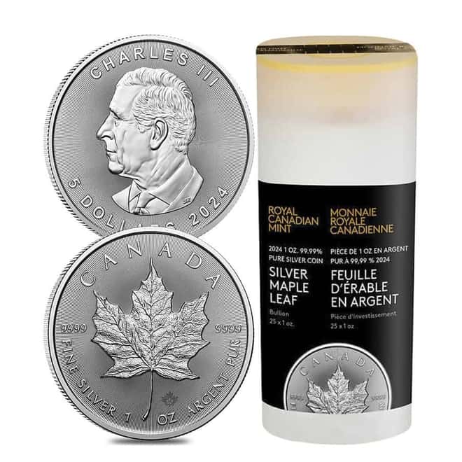 Mint Sealed Tube of 25 - 2024 1 oz Canadian Silver Maple Leaf Coin BU