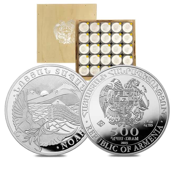 Monster Box of 500 - 2023 Armenia 1 oz Noah's Ark Silver Coin 500 Dram .999 Fine BU (25 Rolls, Tube of 20)