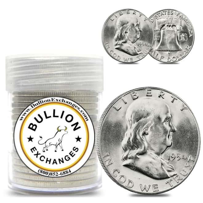 $10 Face Value 1954-S Franklin Half Dollars 90% Silver 20-Coin Roll (BU)