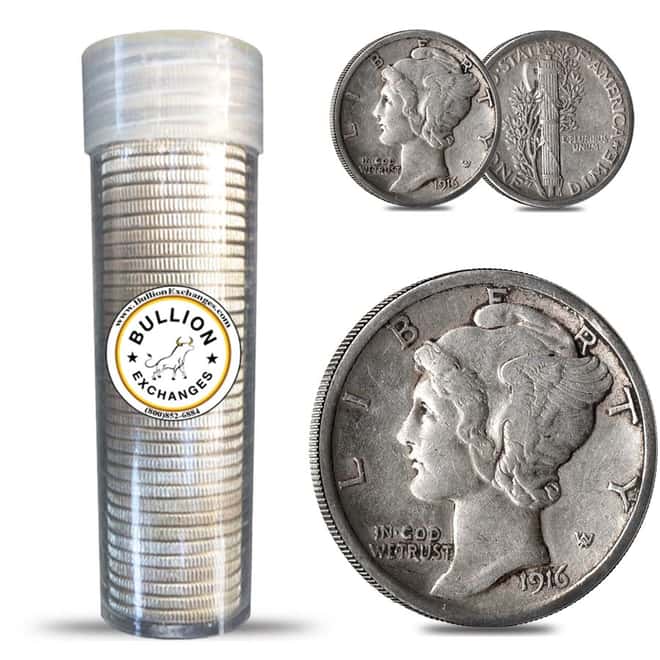 $5 Face Value Mercury Dimes 90% Silver 50-Coin Roll (Circulated)