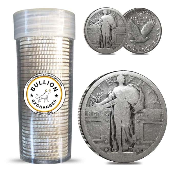 $10 Face Value Standing Liberty Quarters No Dates 90% Silver 40-Coin Roll (Circulated)