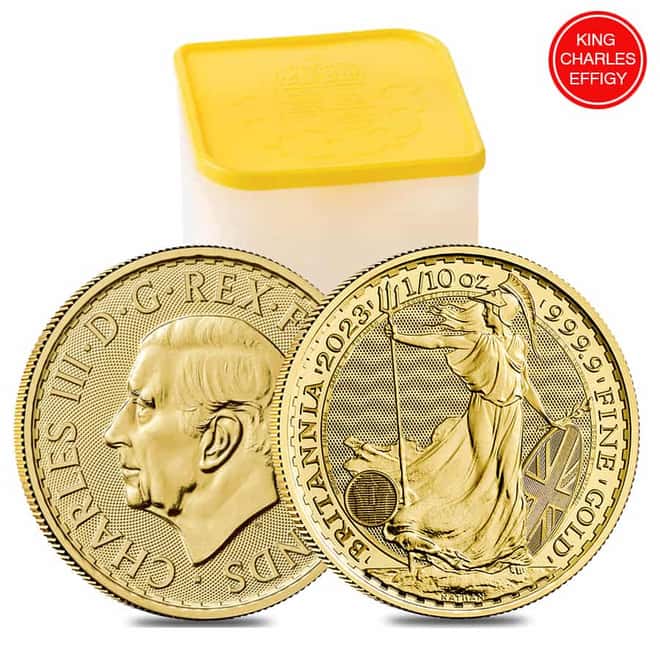 Tube of 25 - 2023 Great Britain 1/10 oz Gold Britannia King Charles III Coin .9999 Fine BU (Roll, Lot of 25)