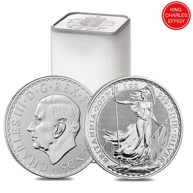 Roll of 25 - 2023 Great Britain 1 oz Silver Britannia King Charles III Coin .999 Fine BU (Lot, Tube of 25)