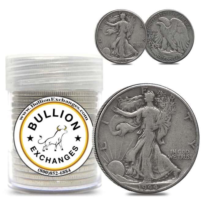 $10 Face Value 90% Silver Walking Liberty Half Dollars 20-Coin Roll (Circulated)