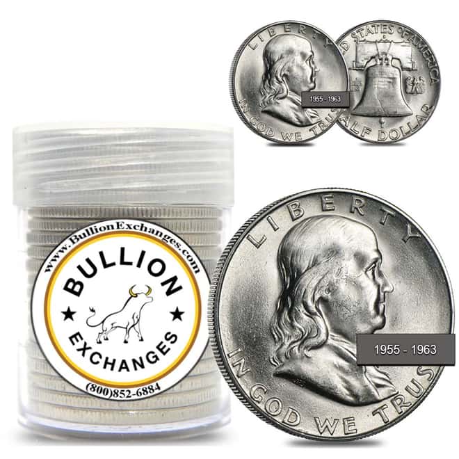 $10 Face Value Franklin Half Dollars 90% Silver 20-Coin Roll BU (1955-1963)