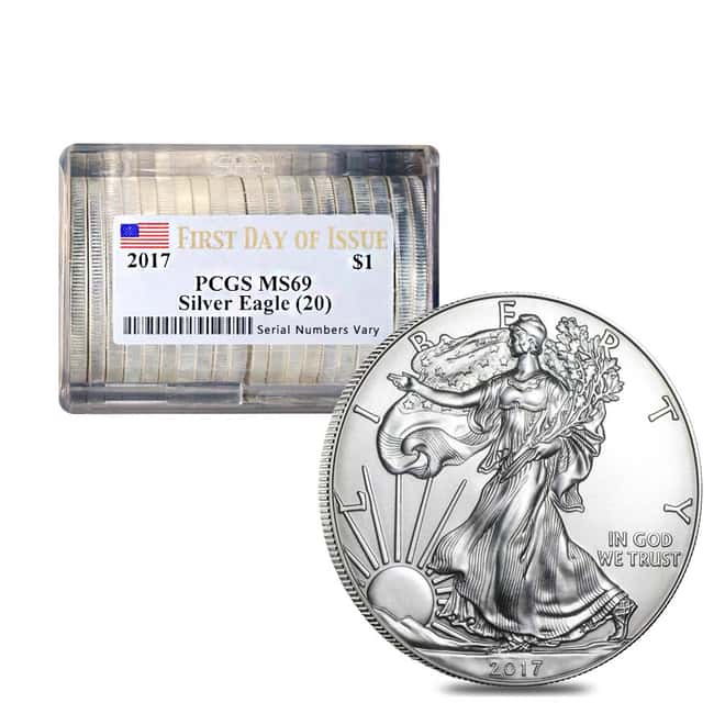 Roll of 20 - 2017 1 oz Silver American Eagle $1 Coin PCGS MS 69 First Strike (Flag Label)
