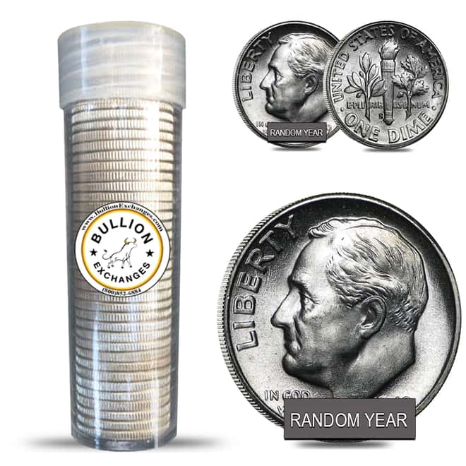 $5 Face Value Roosevelt Dimes 90% Silver 50-Coin Roll (Random Year, BU)